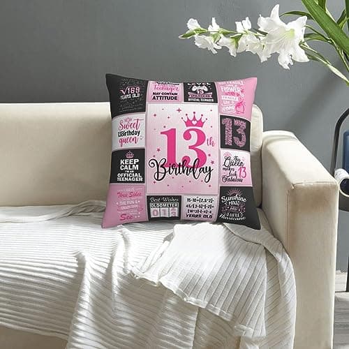 13th Birthday Gifts for Girls, 13 Year Old Girl Birthday Gift Ideas, 13 Yr Old Girl Presents Decorations for Girls Throw Pillow Covers 18x18 Inch