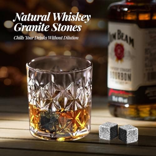 Whiskey Stones Gift Set - Bourbon Stones Gift for Men - 4 Granite Chilling Whiskey Rocks - Whiskey Glass and Stones Set - Drinking Gifts for Men Dad Husband Birthday Father's Day Groomsmen Gifts