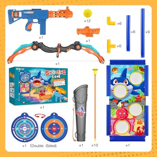 KKONES Kids Bow and Arrow Set, 2 in 1 Shooting Game with LED Light Up Archery Toy, Foam Balls, Suction Cup Arrows, Target, Quiver, Indoor Outdoor Toys for Kids Boys Girls Gifts
