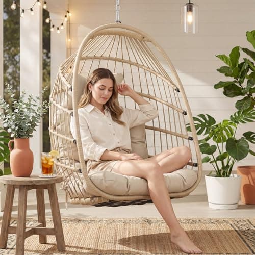 Nicesoul Outdoor Hanging Egg Chair Without Stand, Patio Wicker Swing Egg Basket Chairs with Padded Cushion, 350 Lbs Comfy Cozy Ceiling Tree Swinging Egg-Shaped Chair No Stand for Indoor Balcony, Beige