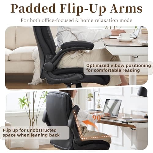 Office Chair, Executive Leather Office Chair with Lumbar Support & Flip-up Armrests, Ergonomic Adjustable High Back Swivel Chair with Rocking Function (Black)