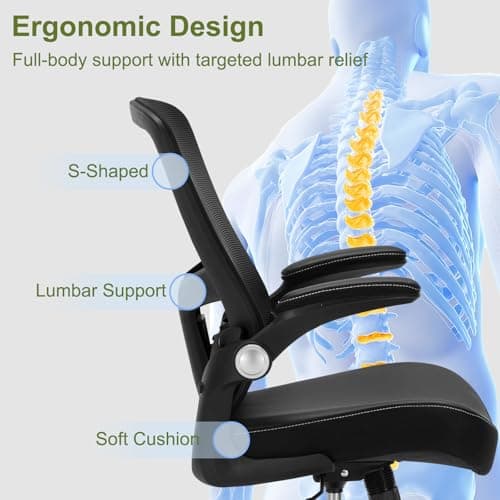 Ergonomic PU Leather Office Chair, 400lbs Weight Capacity, Breathable Mesh Back, Adjustable Height & Flip-Up Arms, Heavy Duty Computer Desk Chair for Home & Office, Black