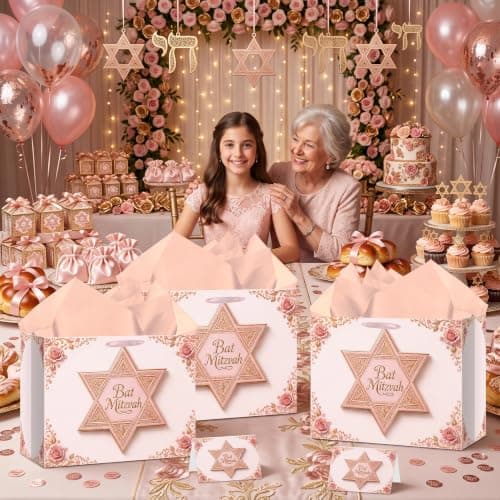 Bat Mitzvah Gift Bag Set Pink Rose Gold Star of David Paper Wrapping Bag with Ribbon Handles Tissue Paper Greeting Card All In One for Jewish Coming of Age Party Favor Celebration Decoration Supplies B0H5QYF944