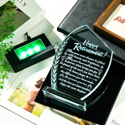 Movdyka Retirement Gifts for Women Men - 2025 Happy Retirement Crystal Keepsakes Plaque with Light Base Best Retired Gift for Woman Teacher Doctor Nurse Coworkers Boss Mom Friends Retiring Decor