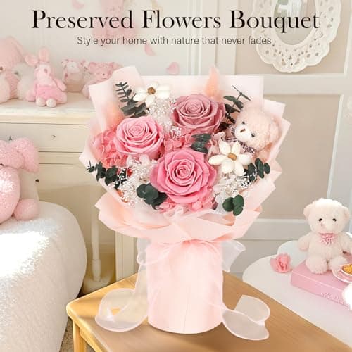 Preserved Flowers Bouquet with Bear, 3 Real Forever Flowers for Delivery, Long-Lasting Pink Eteranl Roses Bouquet Birthday Gifts for Women, Mother, Wife, Her