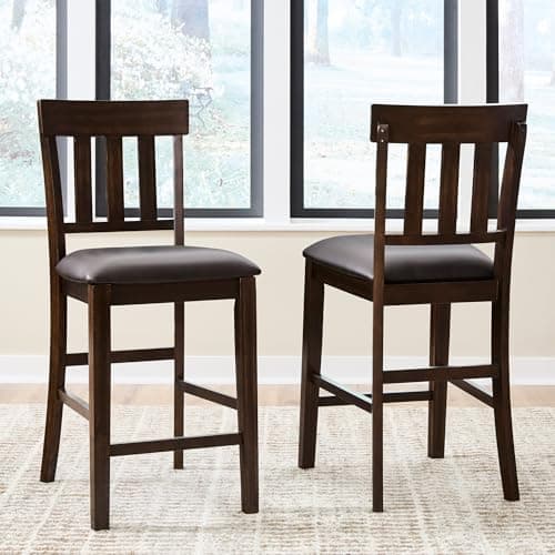 Signature Design by Ashley Haddigan Upholstered Barstool, 2 Count, Slat Back Design, Cushioned Seat, Wood, 25.5" H, Dark Brown