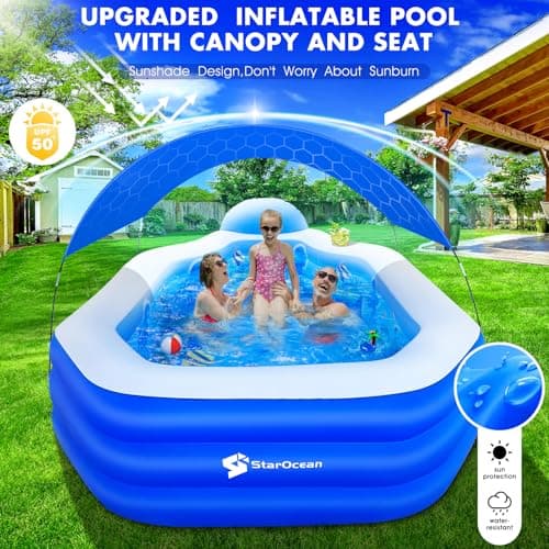 Inflatable Pool with Canopy, Large Inflatable Swimming Pool for Kids,Adult, Blow Up Pools with Seats,Backrest.Durable Thickened Inflatable Family Pools for Backyard,118"x75"x22"-Dark Blue