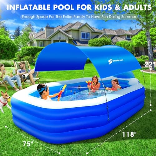 Inflatable Pool with Canopy, Large Inflatable Swimming Pool for Kids,Adult, Blow Up Pools with Seats,Backrest.Durable Thickened Inflatable Family Pools for Backyard,118"x75"x22"-Dark Blue