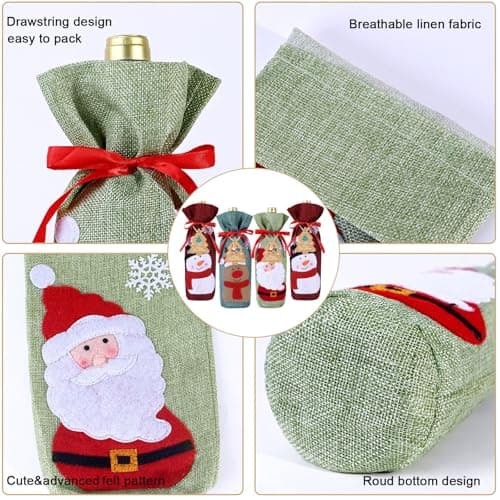 4pcs Christmas Wine Bottle Bags Burlap Wine Bottle Gift Bags with Drawstring, Reusable Santa Claus, Snowman & Reindeer Drawstring Covers for Xmas New Year Party Table Decoration