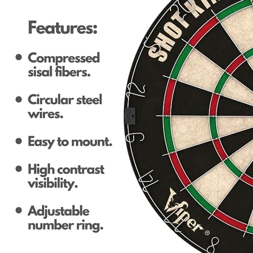 Viper by GLD Products Shot King Regulation Bristle Steel Tip Dartboard Set with Bullseye Metal Radial Spider Wire Compressed Sisal Board with Rotating Number Ring Includes 6 Darts Black