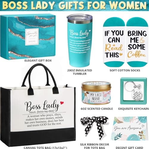 Boss Day Gifts for Her Women, Best Boss Lady Gifts for Women Cool Bosses Christmas Gift Basket for Female, Funny Thank You Bosses Lady Appreciation Birthday Farewell Gift Set with Canvas Tote Bag
