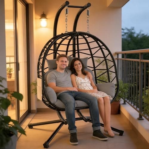 Suteck Double Hanging Egg Chair with Stand, Outdoor Indoor 2 Person Wicker Egg Swing Chair with Cushion, 700lbs Capacity for Patio, Bedroom, Garden - Black
