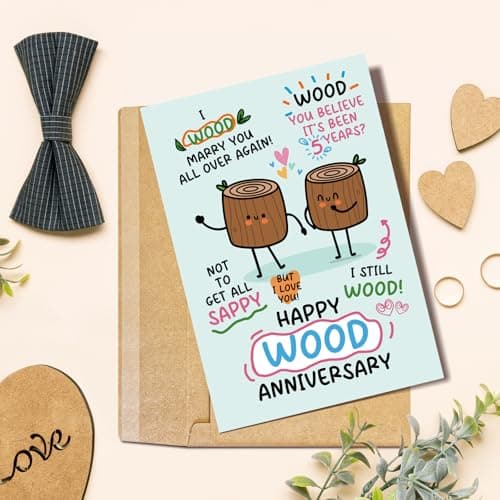 Funny 5th Anniversary Card for Him Her, Pun Wood Anniversary Card for Husband Wife, 5 Years Married Cards Gift