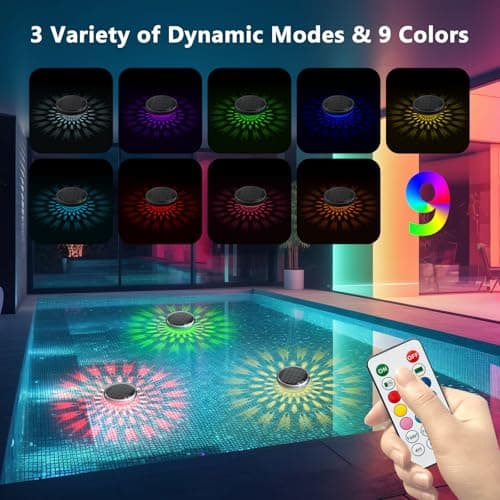 Solar Rechargeable Floating Pool Lights(2 Pack), Pool Lights That Float with Remote Control, 9 Lighting, Timing Mode, IPX7 Waterproof for Inground Pool, Bathroom, Bathtub, Pool Party
