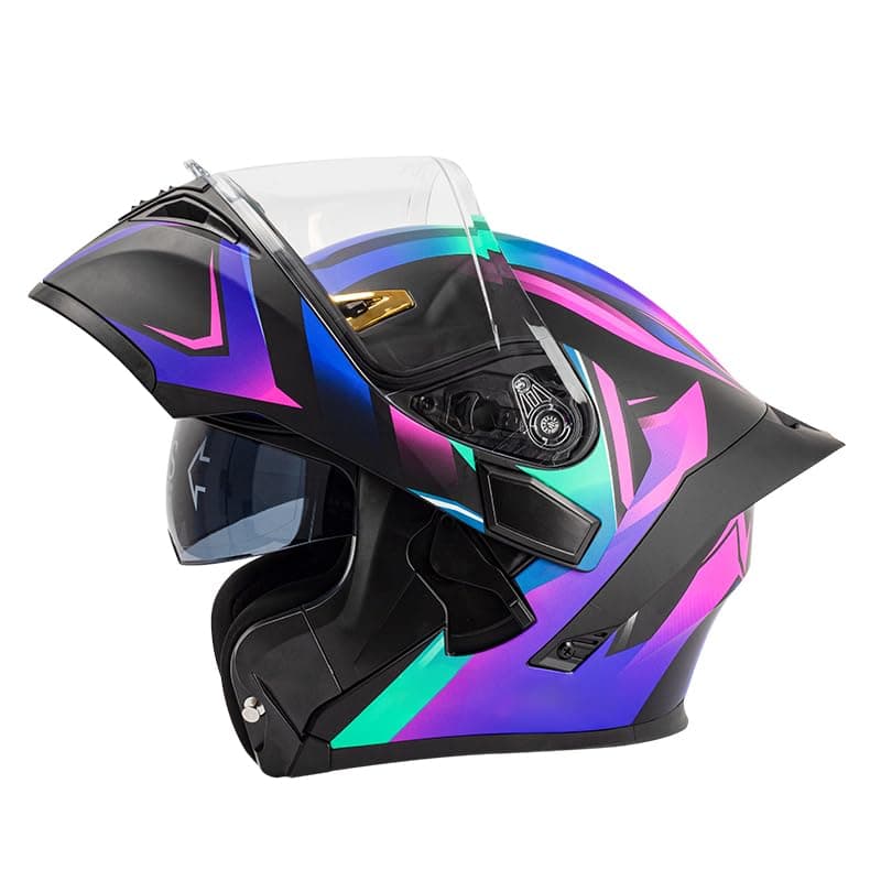 Womens Motorcycle Helmet with Bluetooth - DOT Modular Motorcycle Helmets with Dual Visor, Flip Up Full Face Purple Helmet with Speaker and Mic