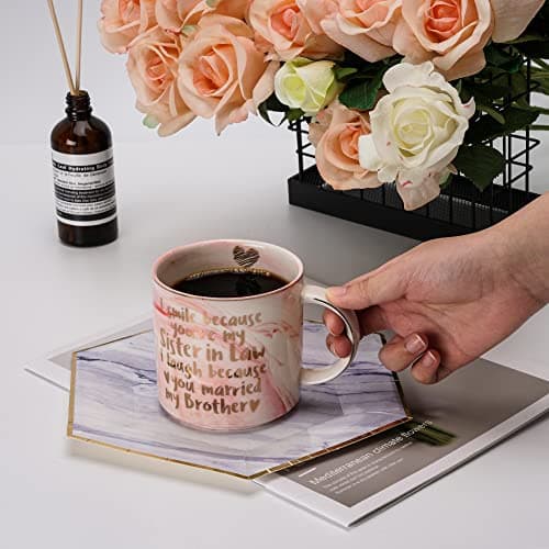 Hendson Sister In Law Gifts for Christmas - Funny Sister In Law Birthday Gift, Sis Engagement, Wedding Gift, New Sis InLaw, SIL To Be, Christmas - I Smile Because - Pink Marble Mug, 11.5oz Coffee Cup