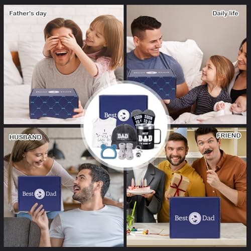 New Dad Gifts Box, 9 Pcs First Time Dad Gifts, Dad to Be Gifts for 1st Time with Tumbler Hat Onesie Socks Keychain for Baby Shower,Unique Kit for Soon to Be or Expecting Father