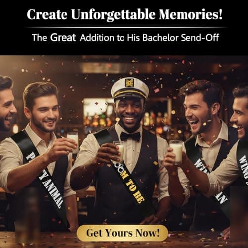 Men's Bachelor Party Decorations Kit with 1 Groom & 6 Groomsmen Belts, Gold Glitter Banner & Captain Hat for Bachelorette Party Supplies & Accessories
