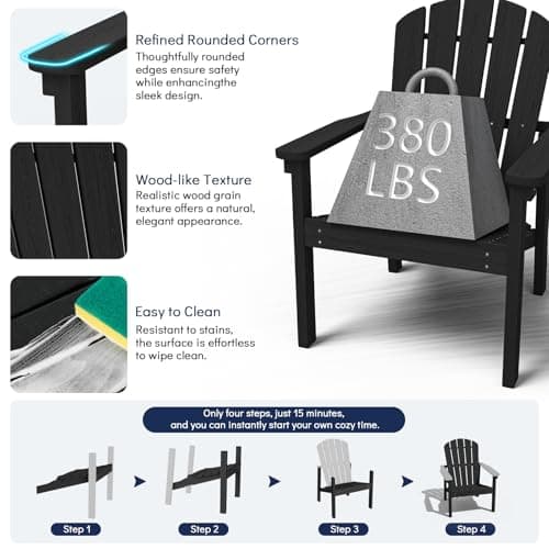 nevilywood Compact Stackable Adirondack Chairs Set of 4, 26.3" Wide HDPE Outdoor Patio Chairs - Durable, Space-Saving Design for Porch, Lawn or Garden, Black