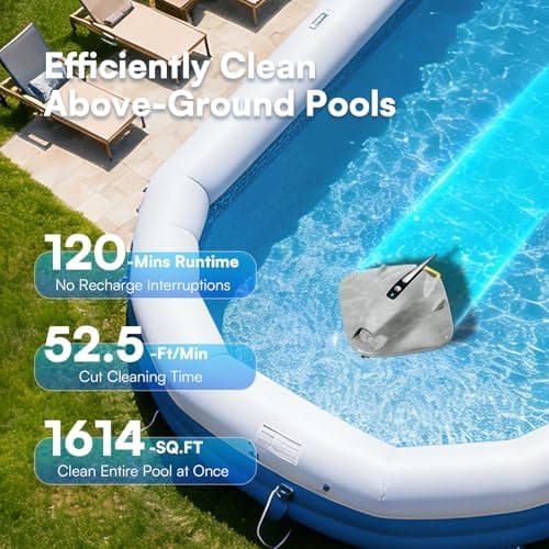 PoolMr Cordless Robotic Pool Cleaner - Above Ground Pool Vacuum Robot - 40W Strong Suction, Dual Cleaning System, Barrier Crossing, 120-Min Runtime Up to 1614 Sq for Above Ground Pools, Grayish White