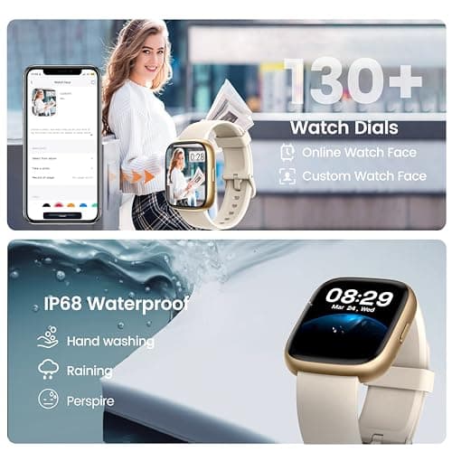 Smart Watch with Alexa Built-in, 1.83" HD Touchscreen Fitness Tracker with Bluetooth Calling, Fitness Watch with Heart Rate/Sleep Monitor/120+ Sports, IP68 Waterproof Smartwatch for Android iOS, Cream