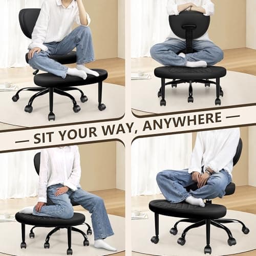 AtHope Ergonomic Cross Legged Office Chair with Wheels - Adjustable Height for Meditation, ADHD Desk & Yoga - Wide Criss Cross Design with Lumbar Support, Kneeling Chair - Black