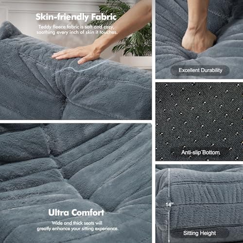 Bean Bag Chair Big Sofa Beanbag Chair for Adults Fireside Chair Bean Bag Lounger with Memory Foam Filled for Home,Apartment or Gaming Venue(Grey Plush Single)