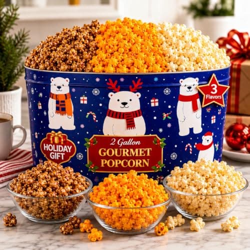 2 Gallon, 3 Flavors Uncle Myron's Christmas Popcorn Tin, 3 Flavors, Holiday Food Gift Basket B0FMZDY4VP