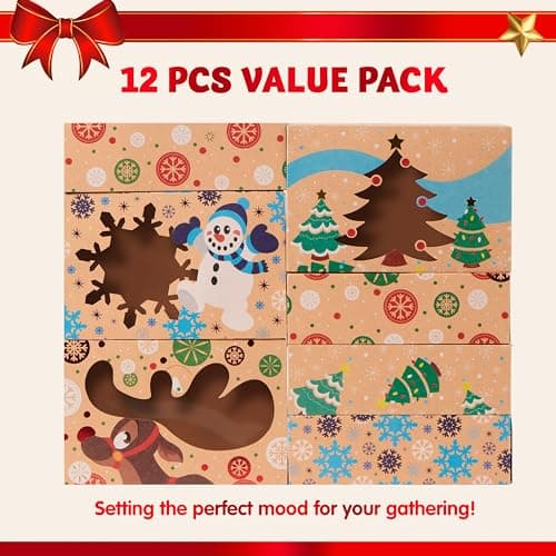 JOYIN 12PCS Christmas Cookie Boxes for Gift Giving, 8.75" x 5.75" x 2.75" Xmas Holiday Treat Cookie Tin with Window, 3 Designs Brown Foiled Kraft Bakery Box for Pastries, Cupcakes, Brownies, Doughnut