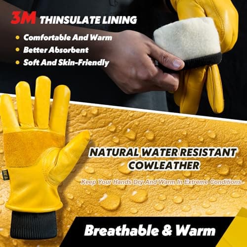 DLY Winter Work Gloves for Men, Water-Resistant, Insulated, Puncture and Abrasion Resistant, Cowhide Leather with Warm Thinsulate Lining for Cold Weather, Large, Yellow, New