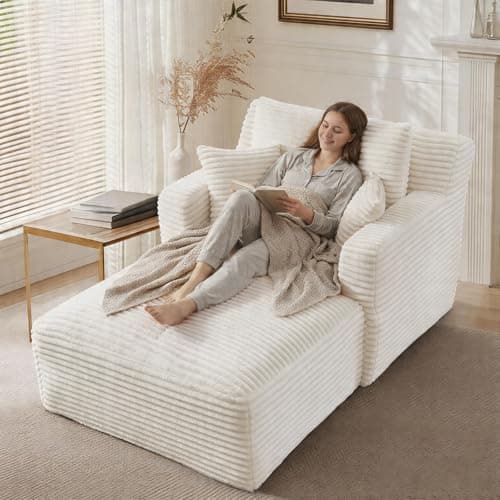 65.4" Chaise Lounge Chair Indoor, Corduroy Oversized Boneless Lounge Chair Single Sofa Bed with 3 Pillows, Deep Seat Comfy Upholstered Reading Chair for Living Room, Bedroom, Apartment Beige
