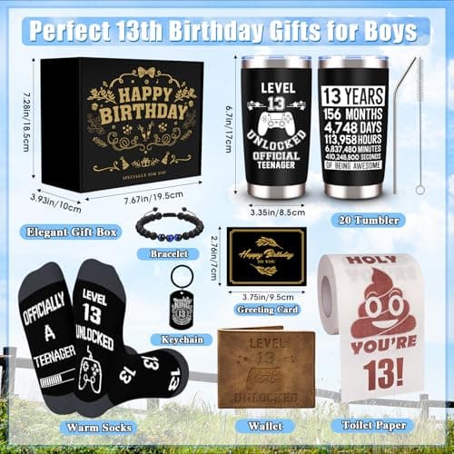 JTAMOHI 8 Pcs Happy 13th Birthday Gifts for Boys, 13 Year Old Boy Birthday Gifts Ideas with 20 Oz Tumbler, Funny Socks, Toilet Paper, Teen Wallet, Bracelet, Keychain for Son, Nephew, Grandson, Brother B0DSPNCMLB