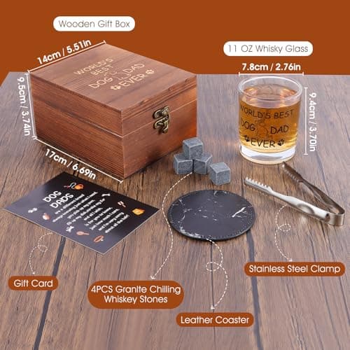 Dog Dad Gifts, Best Gift for Dad, Gift with 12oz Whiskey Glasses, Stones, Coaster, Wooden Box for Dogfather