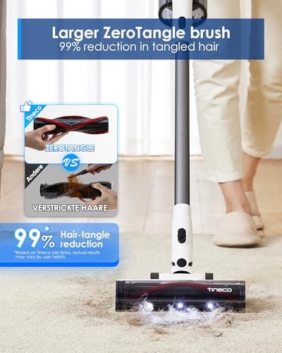 Tineco A30S Cordless Stick Vacuum Cleaner, 160W Suction, 60Min Runtime, 1L Larger Dustbin, ZeroTangle Brush, PureCyclone Tech, LED Headlight, White