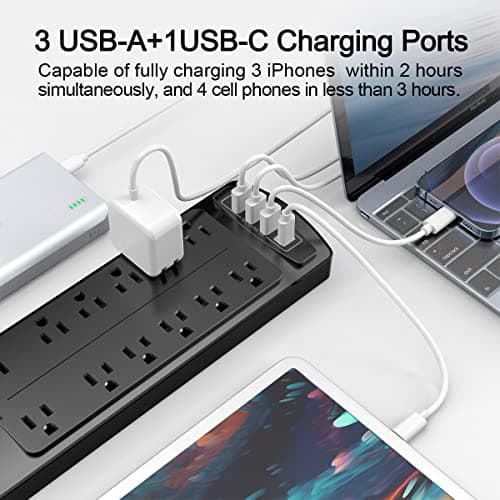 Power Strip, ALESTOR Surge Protector with 12 Outlets and 4 USB Ports, 6 Feet Extension Cord (1875W/15A), 2700 Joules, ETL Listed, Black