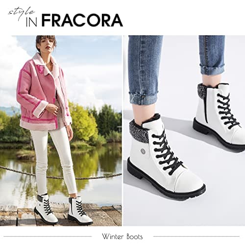 FRACORA Women's PU Leather Combat Boots Warm Fur Lined Black Ankle Booties Side Zipper White Boots Non-slip Winter Boots