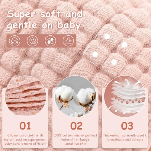Looxii Muslin Burp Cloths Baby Girl 6 Pack - 20" x 10" - Ultra Soft & Absorbent, 6-Layer 100% Cotton for Spit Up & Drool- Gentle Baby Burping Cloth, Newborn Essentials Shower Gift Girl, Gradient Pink