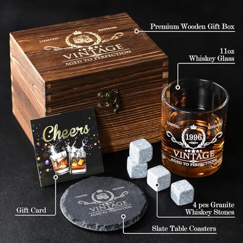 30th Birthday Gifts for Men Whiskey Glass Set - 30th Birthday Decorations, Party Supplies - 30 Year Anniversary, Bday Gifts Ideas for Him, Dad, Husband, Friends - Wood Box & Whiskey Stones & Coaster B0BJCWJDC4