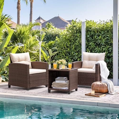 Devoko 3 Pieces Patio Furniture Set, PE Rattan Wicker Patio Set with Two Outdoor Chairs and Table, Upgraded Patio Chairs and Table for Porch, Garden Poolside Balcony