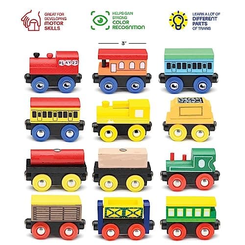 Wooden Train Set 12 PCS - Train Toys Magnetic Set Includes 3 Engines - Toy Train Sets For Kids Toddler Boys And Girls - Compatible With All Major Brands - Original - By Play22