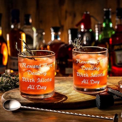 Futtumy Reward For Dealing With Idiots All Day Whiskey Glass, Funny Gifts for Men Coworker Friend Husband Boss Him, Novelty Old Fashioned Glass for Christmas Fathers Day Bosses Day Birthday, 10 oz