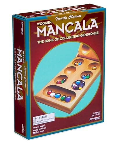 Pressman Mancala Board Game | Fun Classic Table for Adults & Kids | Includes 48 Glass Mancala Stones and Wood Hinged Playing Board | 2 Players, Ages 6+
