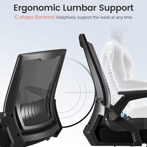 COMHOMA Office Chair with Flip-up Armrests Ergonomic Computer Desk Chair with Adaptive Lumbar Support & Breathable Mesh, Black