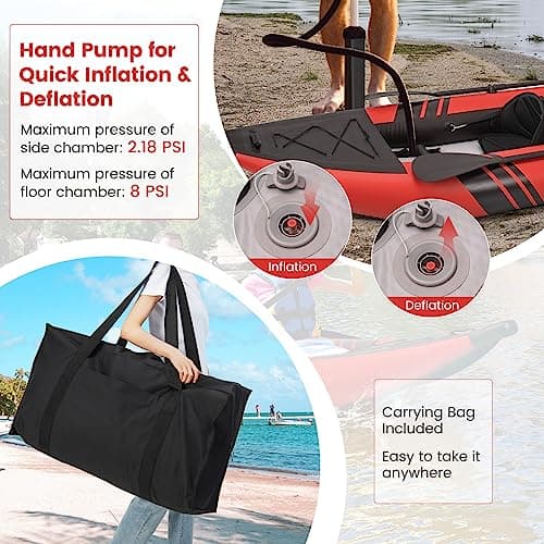 GYMAX Inflatable Kayak, 12.5Ft 507lbs Tandem Kayak with 2 Aluminum Paddles, 2 Padded Seats, Footrests, 2 Fins, Hand Pump, Carry Bag & Repair Kit, 2 Person Fishing Touring Kayak for Adults