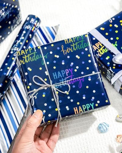 MAYPLUSS Birthday Wrapping Paper Roll, Blue Metallic Holographic Happy Birthday Wrapping Paper Featuring Revesible Stripe Gift Wrap Paper for Boys Kids Girls Men, 17 Inches x 33 Feet B0FX9W1LZD