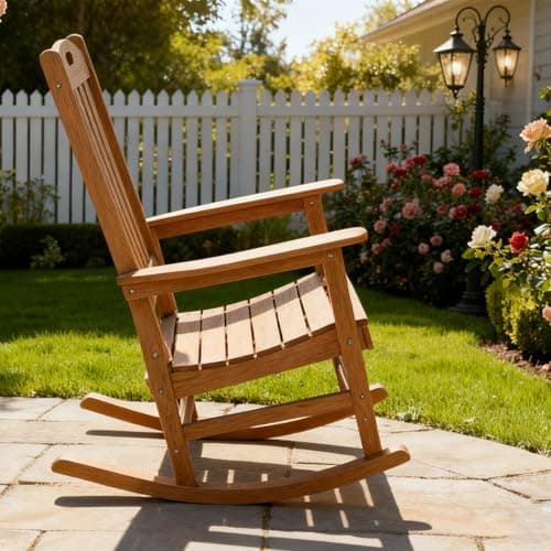 Rocking Chair Indoor Oversized Wooden Slatted Porch Rocker for Outdoor All Weather Lounge Garden Chair Comfortable Seating for Patio Deck Backyard Lawn Fire Pit, Wide Seat and High Back, Teak