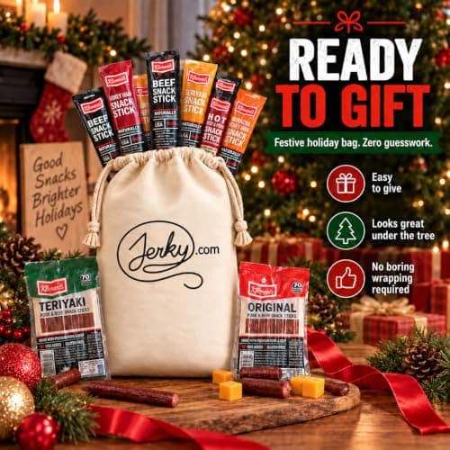 Jerky.com Gift Bag for Men | 26 Piece Meat Sticks Gift Basket with Beef Sticks, Pork, Turkey, Ham & Cheese Sticks | High Protein Snack Variety Pack | Gluten-Free Jerky Gifts for Men | Birthday Gift Basket for Him