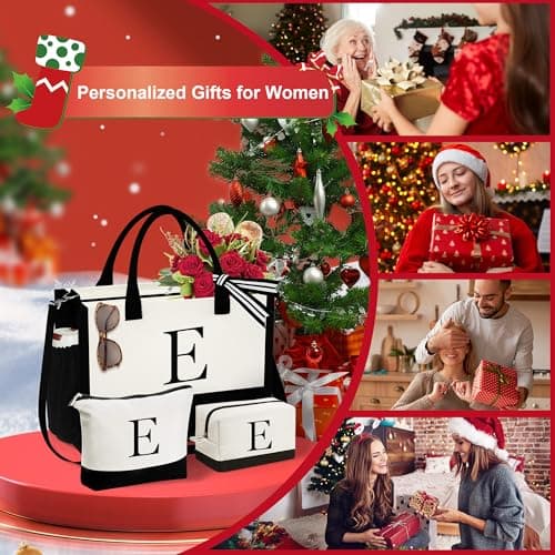 YOOLIFE Initial Canvas Tote Bag & Makeup Bag, Birthday Gifts for Women Mom Sister Friends, Bridesmaid Wedding Gifts