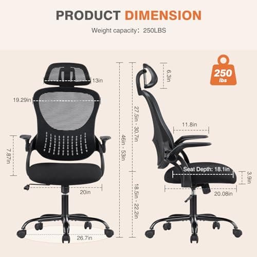 Sweetcrispy Home Office Managerial Executive Chair, High-Back Mesh with Adjustable Headrest, Flip-up Armrest Comfortable Lumbar Support, Comfy Arms for Bedroom,Study,Student