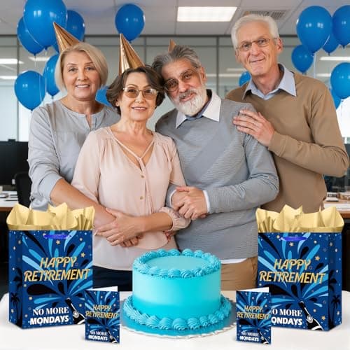 Yomaiha Blue Retirement Gift Bag with Tissue Paper and Greeting Card Retirement Wrapping Paper Bag for Men Women 2026 Retired Gift Wrapping Bag for Coworker Farewell Going Away Party Retired Supplies